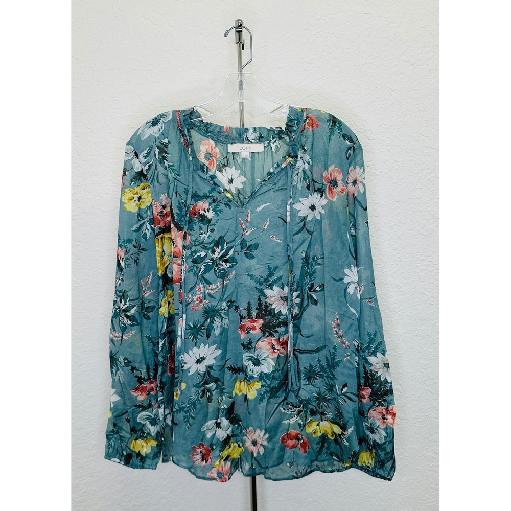 LOFT Teal Floral Peasant Blouse Long Sleeve Ruffle Tie Neck Top Womens L